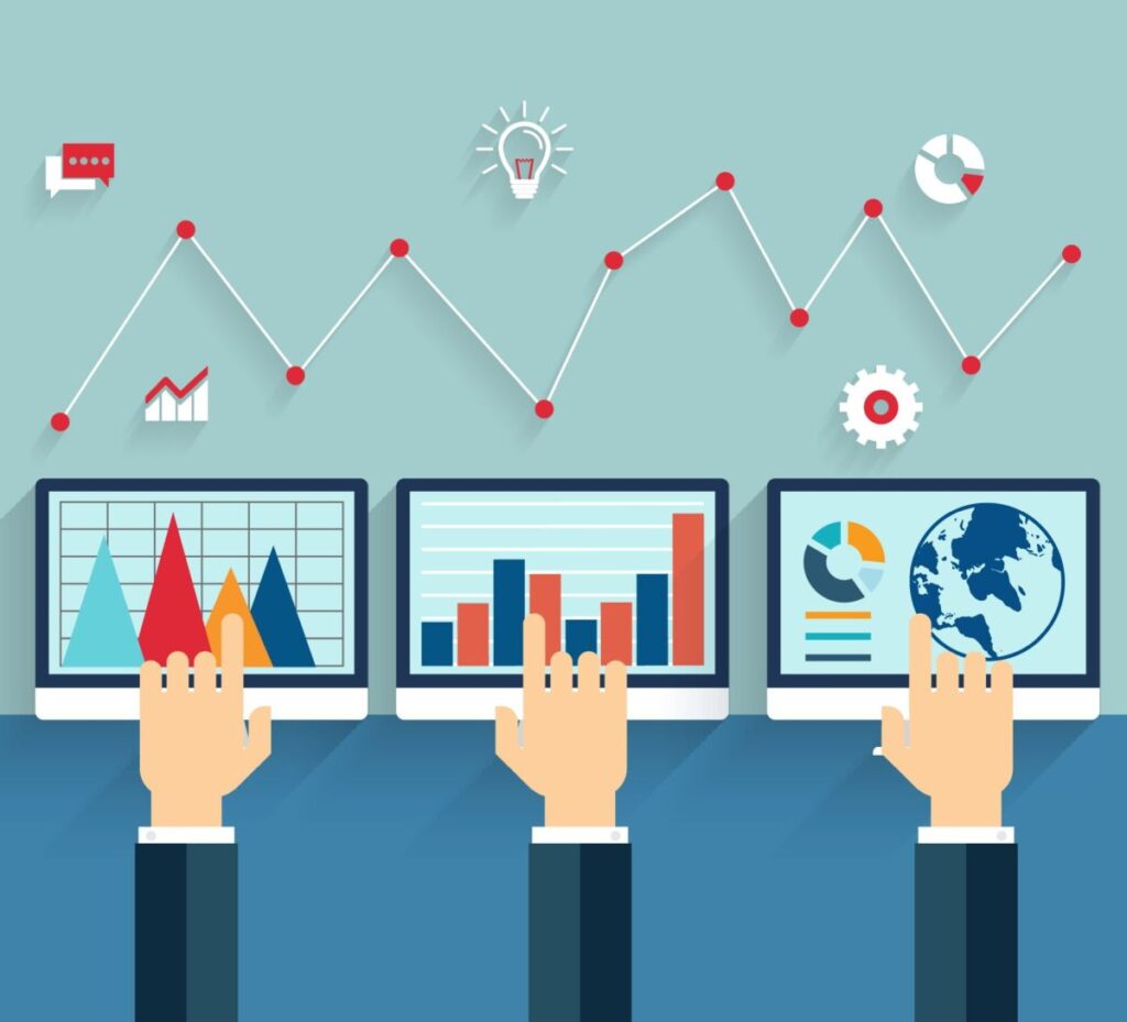 Image of different analytics with 3 hands showing Marketing success