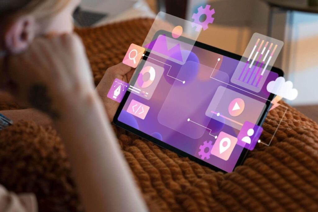 Image of a woman holding her iPad showing deep content in Purple color