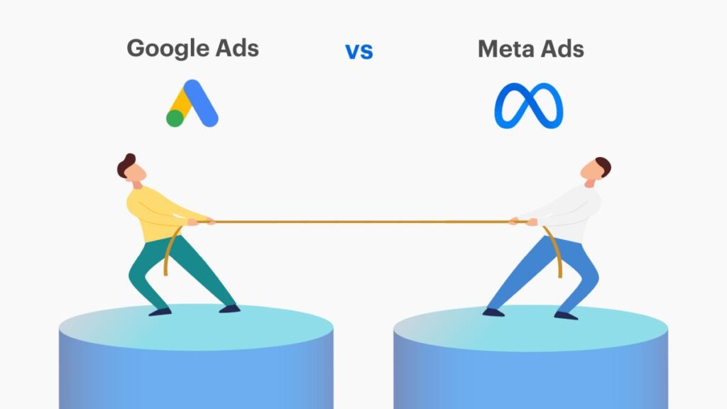 Two Guys represents as Meta ads or google ads are pulling the rope towards each other while standing.
