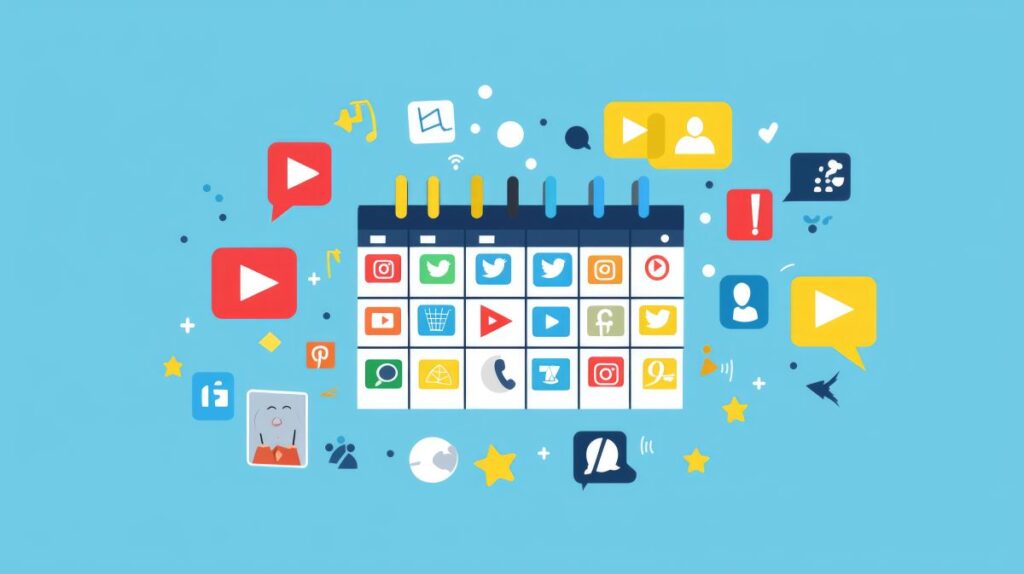 This image features a stylized calendar filled with various social media platform icons like Instagram, Twitter, Facebook, YouTube, and Pinterest, arranged in a weekly schedule format. Brightly colored speech bubbles, video icons, notifications, and other digital content symbols float around it, emphasizing content planning and digital engagement.