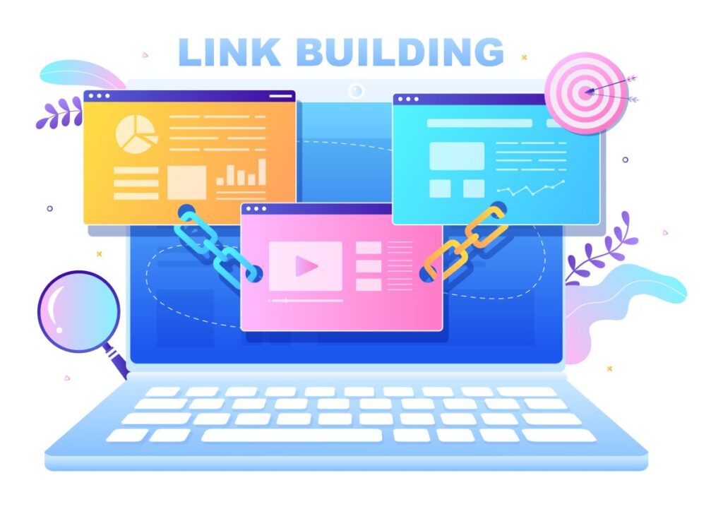 Illustration of a laptop with three colorful web browser windows linked together by chains, symbolizing backlinks. A target with arrows and a magnifying glass emphasize digital strategy and SEO.