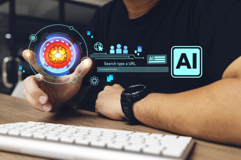 Close-up of a person interacting with a futuristic digital interface showing a glowing brain icon and AI-related elements like “Search type a URL” and “Command Prompt.” The image visually represents advanced AI technology in search and browsing, fitting within a Google AI overview.