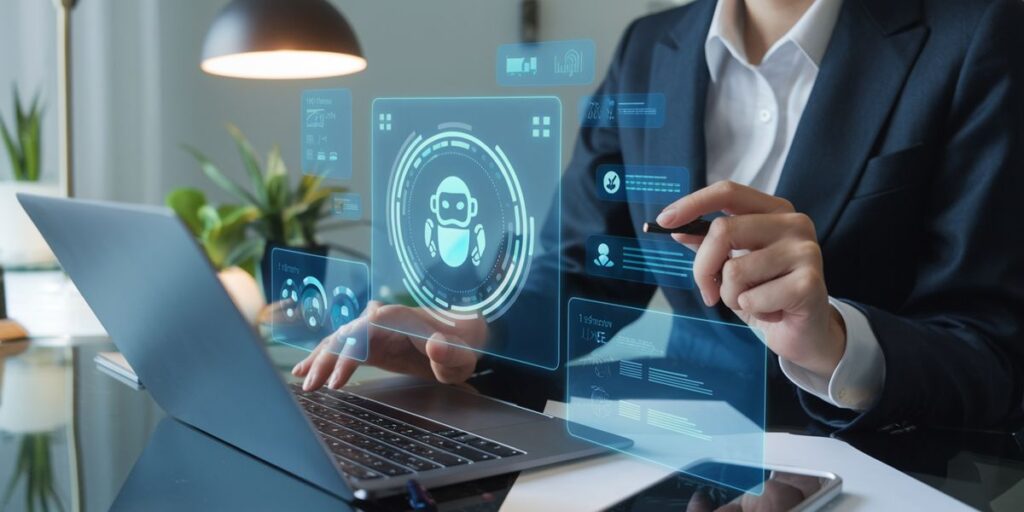 Business professional using a laptop while interacting with futuristic AI agent interface panels displayed in midair.