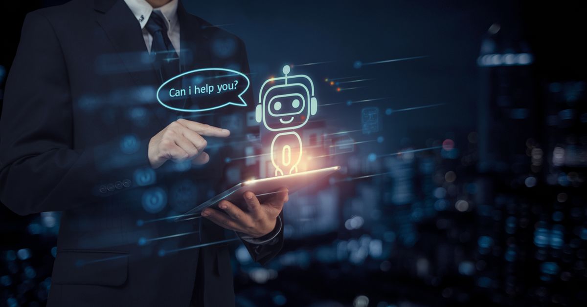 Business professional holding a tablet while interacting with a glowing chatbot interface representing AI agents for customer support and automation.